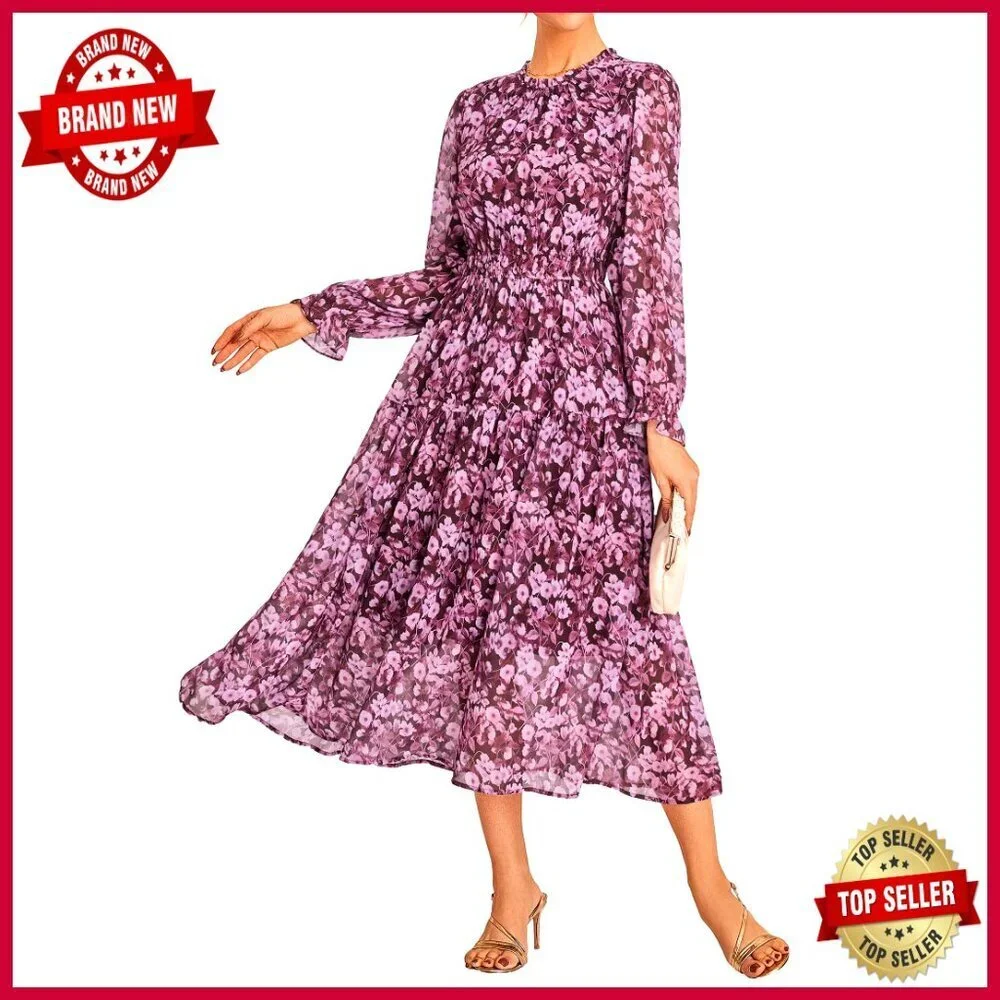 Long Sleeve Maxi Dress Chiffon Flowy Formal Wedding Guest Tiered A-Line